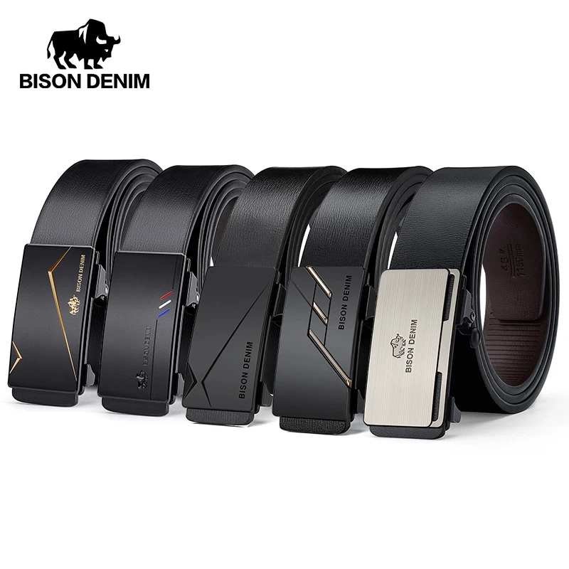 BISON DENIME Men Belt Automatic Buckle Genuine Leather Strap Top Quality Luxury No Buckle Belt Free Shipping Male Jeans Belt