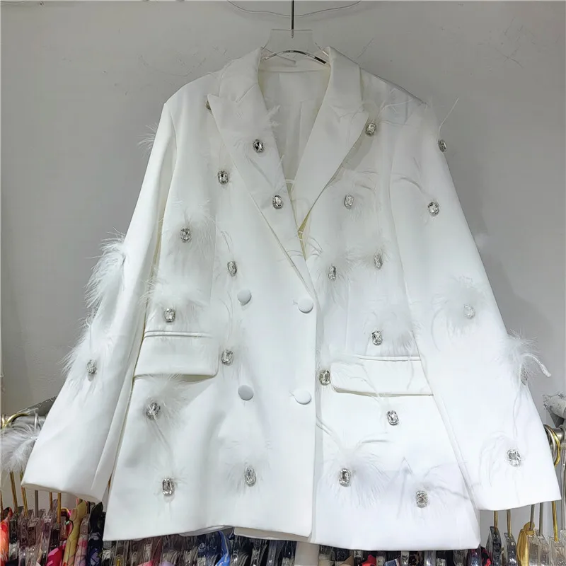 Eeovni designer pena emendado terno blazer para mulheres moda duplo breasted bolsos jaqueta 2025 novas roupas casaco 1a1000