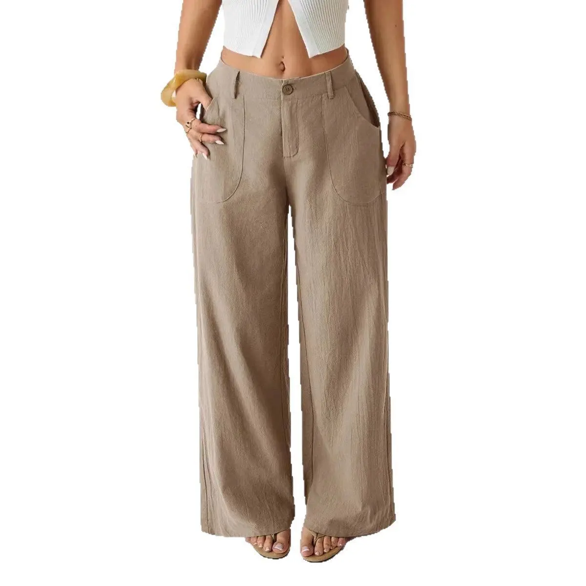 

2026 Spring New Cotton and Linen Wide-leg Pants Women's Mid-waist Trousers Casual Commuting Solid Color Pocket Cw11653