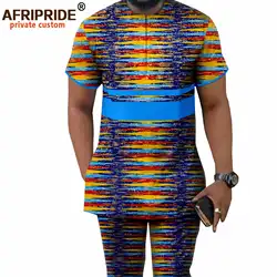 African Men Clothing Ankara Pants Set Dashiki Shirt 2 Piece Outfits Crop Top Attire Short Sleeve Plus Size Casual A2116042