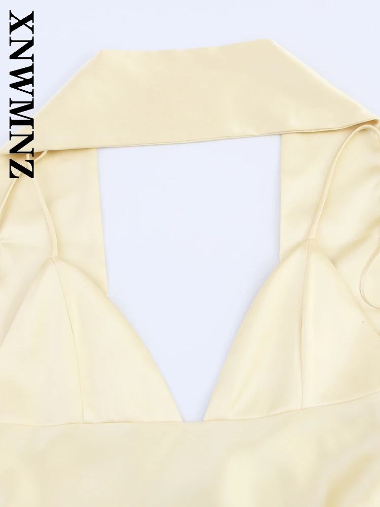XNWMNZ 2025 ฤดูร้อนแฟชั่นสายคล้องไหล่บางแขนกุดBacklessซาตินMidiชุดเซ็กซี่เก๋ผู้หญิงไหล่ชุดTie