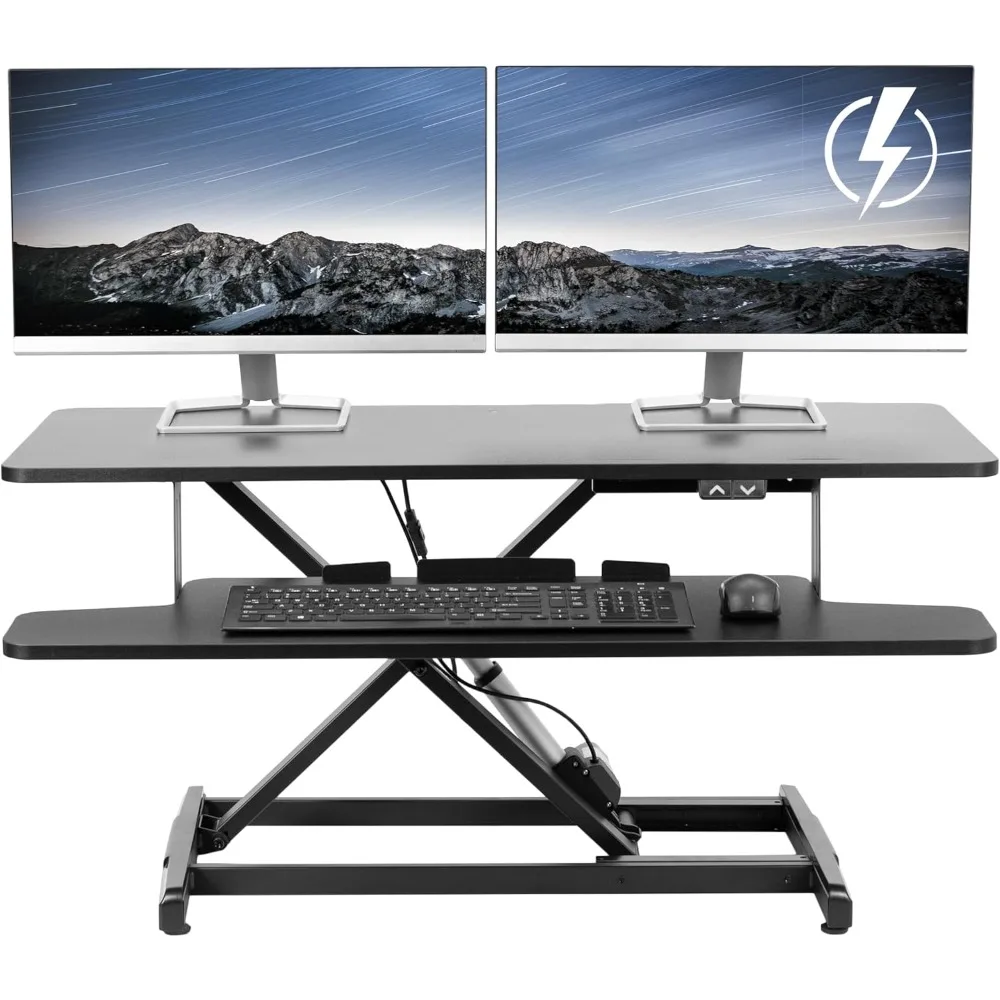 

36 inch Electric Motor Desk Converter, Height Adjustable Riser, Sit to Stand Dual Monitor and Laptop Workstation with Wide Keyb
