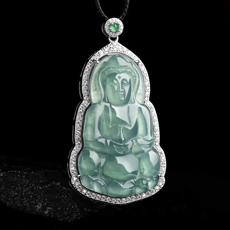 

High-grade Natural Jadeite Blue Water Guanyin Bodhisattva S925 Silver Inlaid Ice Jade Pendant Jewelry For Men's Women 's Gifts