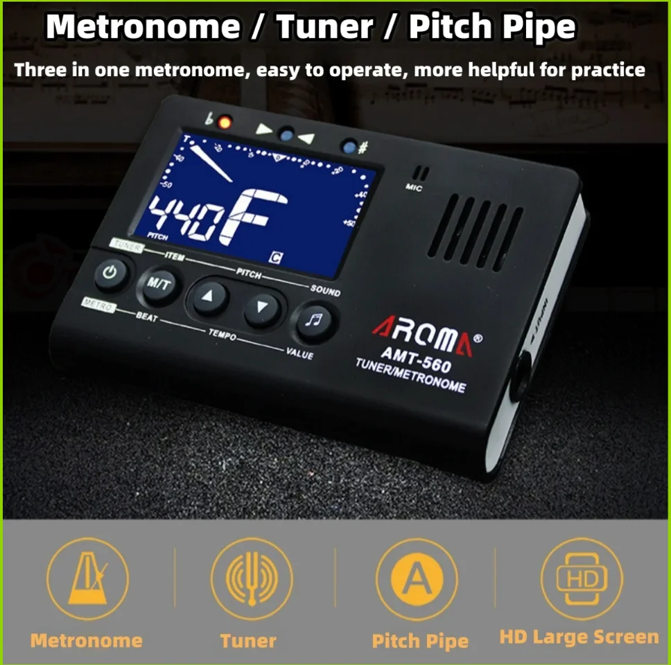 Aroma AMT-560 3 in 1 Electric Guitar Metronome Tuner Built-in Mic w/ Pickup Cable 6.3mm for Guitar Chromatic Bass Violin Ukulele