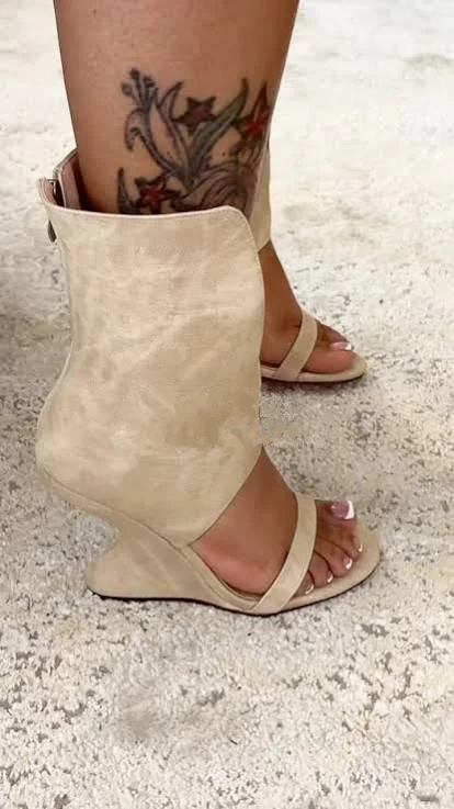 BEIGE WEDGE Suede SANDAL BOOTIE black/yellow open toe high heels summer zipper boot luxury desinger sexy party women's shoes