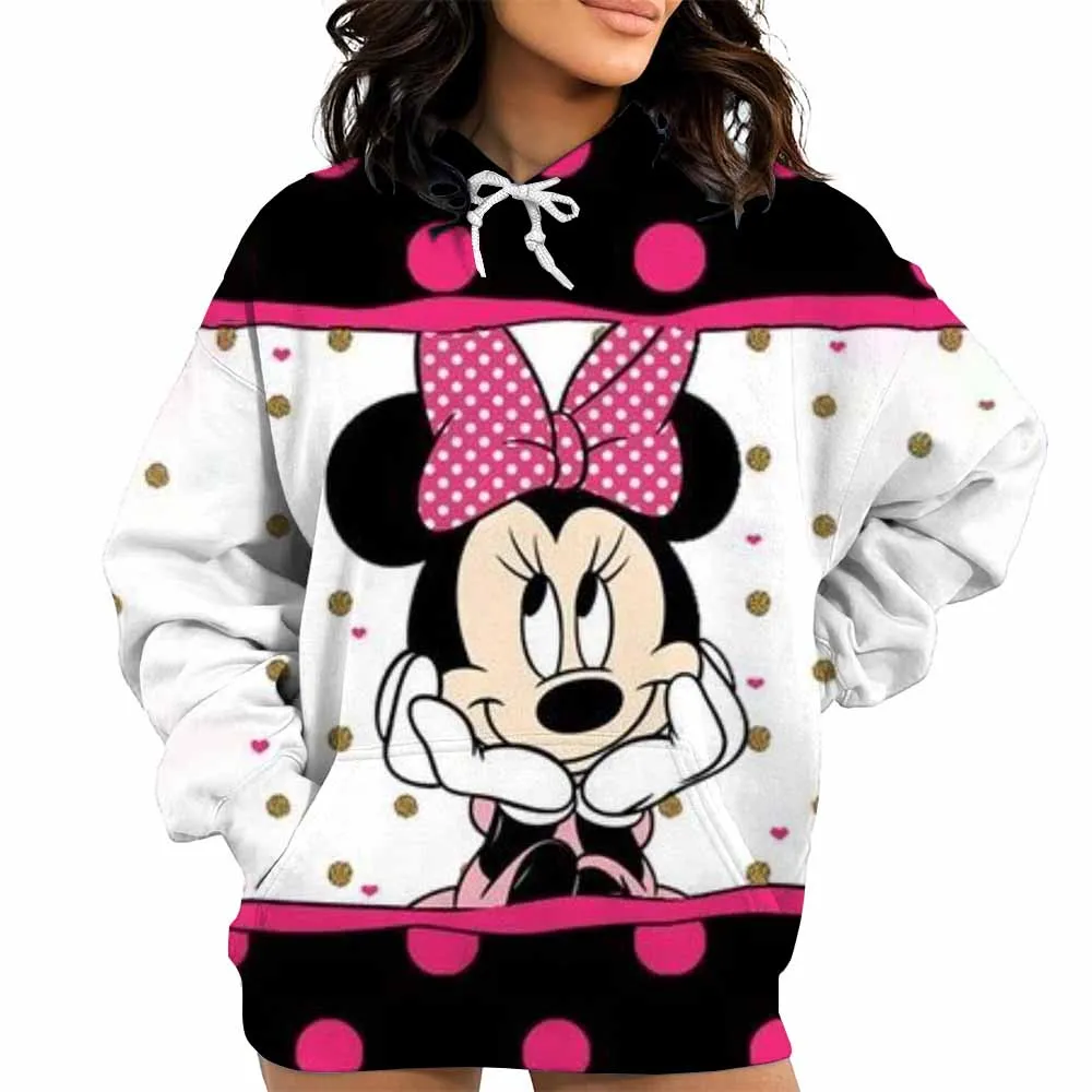 هوديي نسائي بنمط ميكي وميني مريح للخريف/الشتاء، إصدار كامل، طباعة أيقونة مناسبة للدفء غير الرسمي