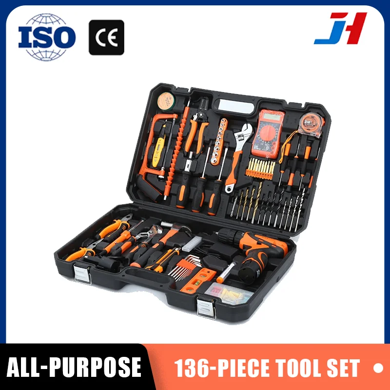JH 136 Piece Lithium Drill Toolbox Set Manual Household Multifunctional Hardware Tool Electrician Woodworking Maintenance Kit