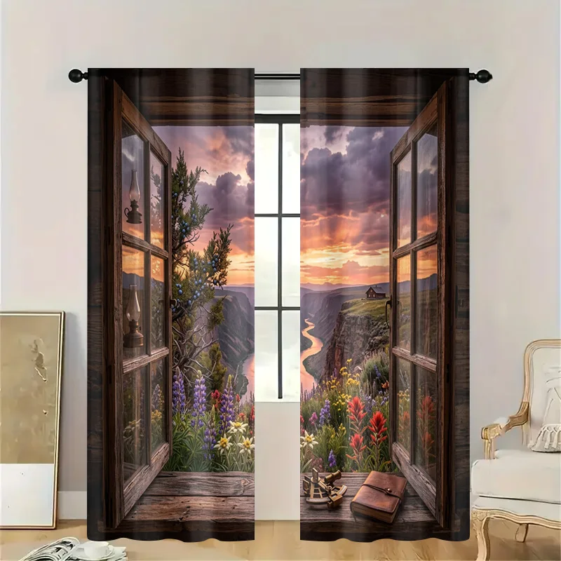 Rustic Nature View Window Curtain Panel Scenic Landscape Cabin Cottagecore Style Translucent Decorative Window Treatment Home De