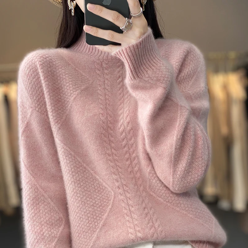 Autumn and Winter Women\'s Cashmere Wool Sweater Solid Knitted Loose Heat Keeping Half High Collar 100% Pure Wool Pullover Women\'