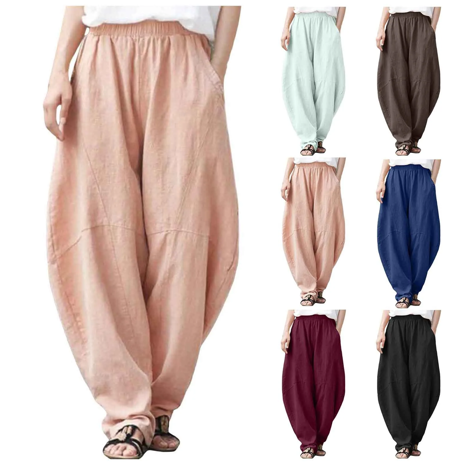 Linen Pants Loose Fit Casual Solid Color Harem Trousers Women's Elastic Waist Summer Baggy Straight Pants Harajuku Pants