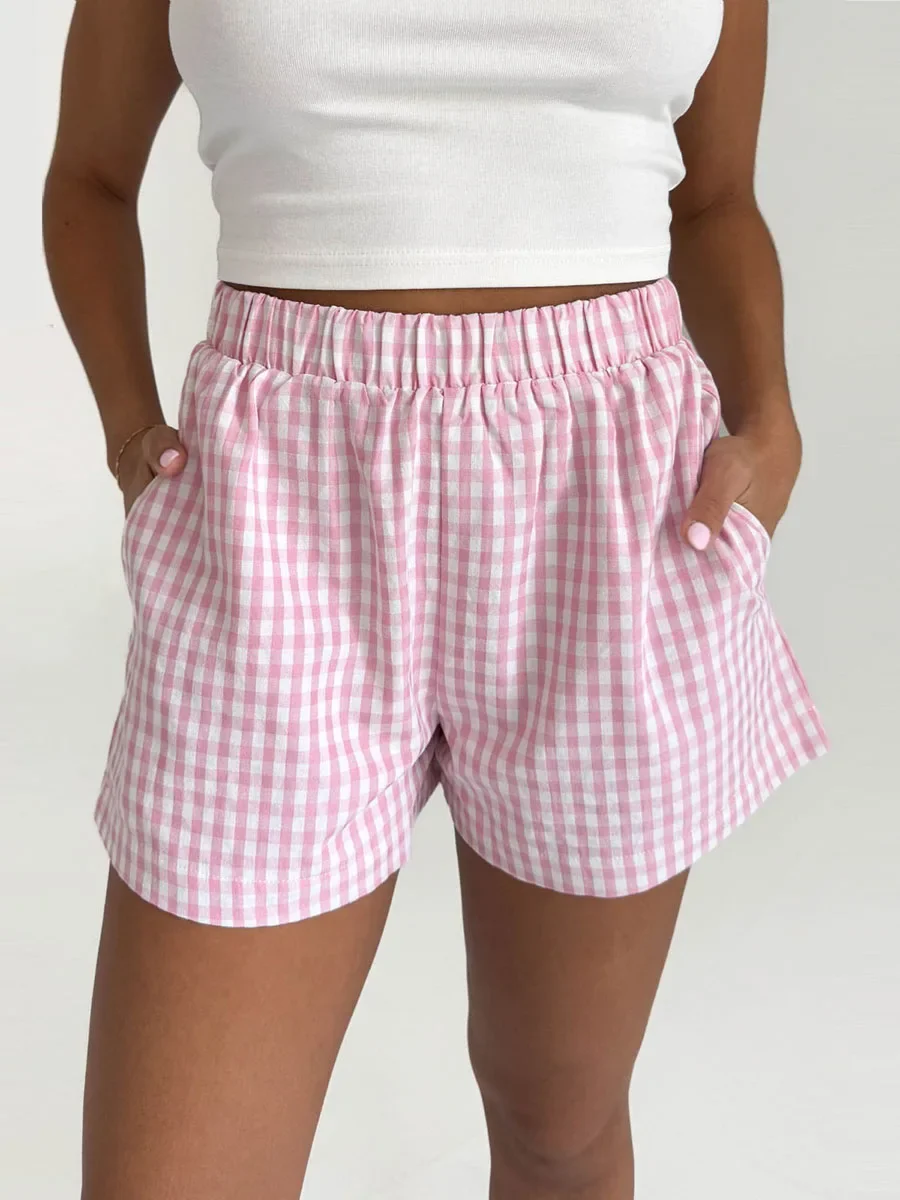 

Women Plaid Print Cute Pajama Shorts Elastic High Rise Short Pants Vintage Lounge Shorts Summer Fashion Sleeping Shorts Bottoms