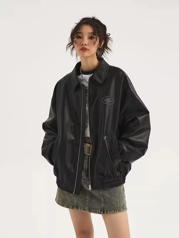 الرجعية الأمريكية Sle المرأة الجلود Jaet زوجين مطابقة Bla PU معطف Thiened الخريف الشتاء جديد وصول عارضة Faion