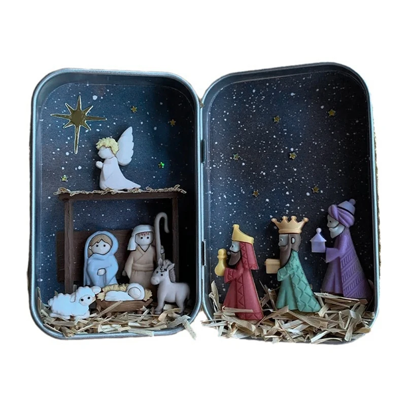 Jesus Nativity Set Family Nativity Scene Handmade Cabin Box Theater Desktop Ornaments For Xmas Decor