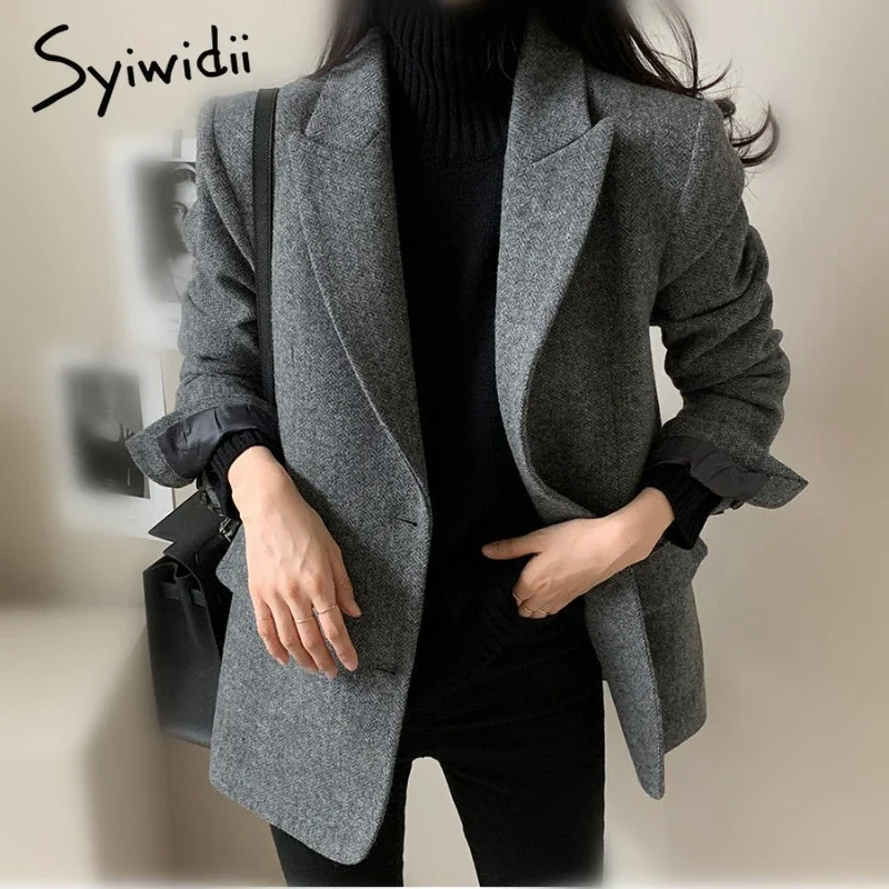 Syiwidii Women's Elegant Woolen Blazer Coat Causal Lapel Pockets Single Breasted Coats Autumn Winter Fashion Commut Lady Outwear