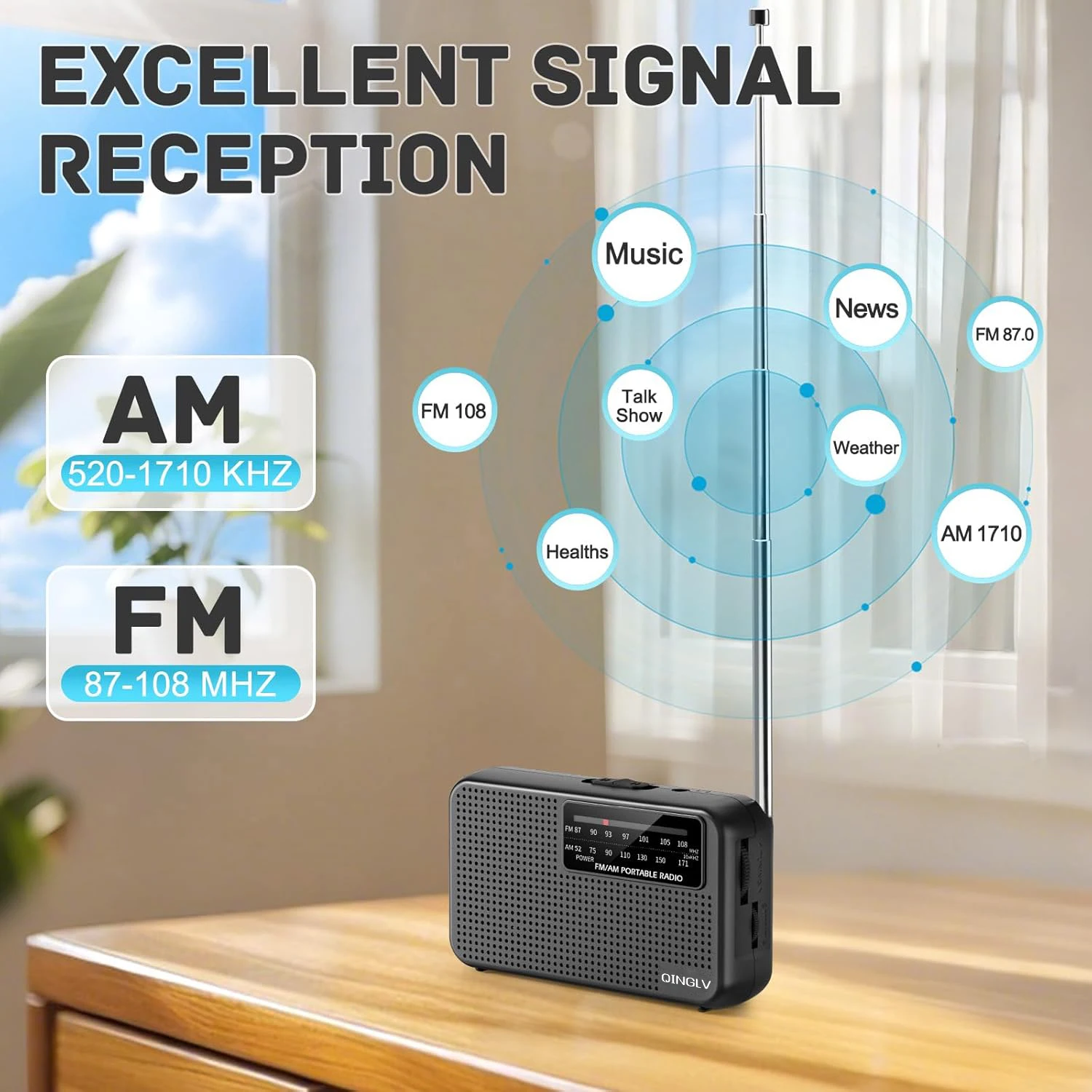 Portable AM FM Radio Player Battery Powered Telescopic Antenna Reception with Headphone Jack, Indoor Outdoor and Emergency Use