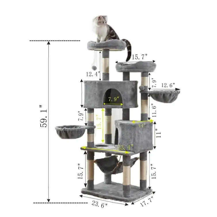 Premium Quality Eco-Friendly Wood Perch Grey Luxury Cat Tree with Hanging Scratching Posts Hot Toy for Cats