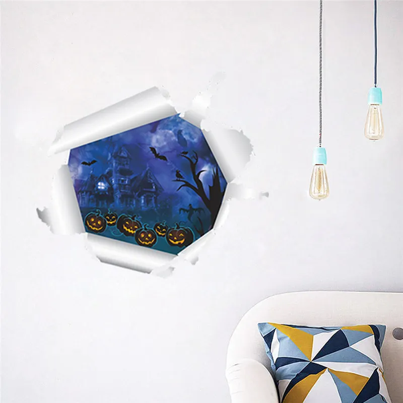 Pumpkin Lantern Dark Castle 3d Broken Hole Wall Stickers For Home Decoration Halloween Festival Wall Mural Art Diy Pvc Decals