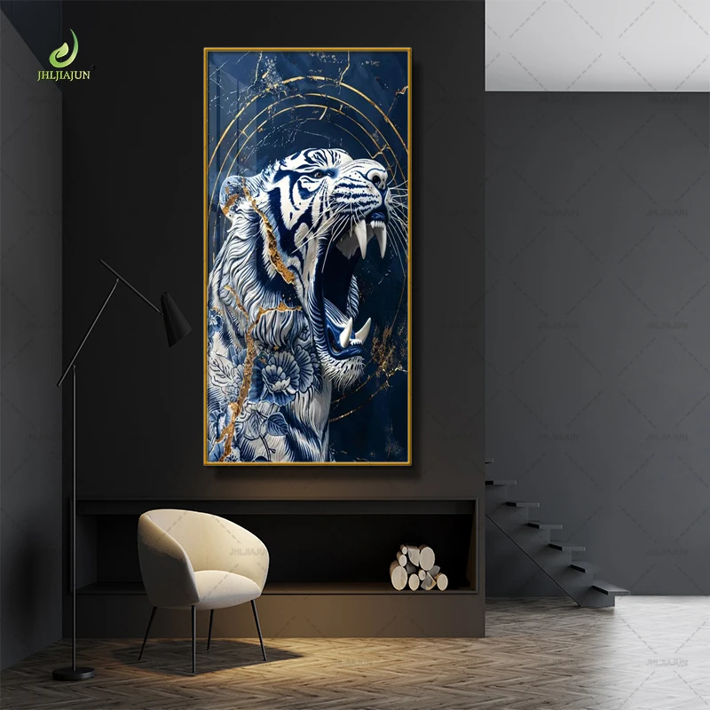 Blue and white porcelain animal white tiger entrance gold frame crystal porcelain mural home decoration LED wall art