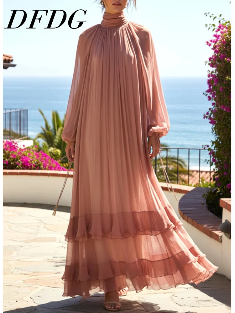 여성용 2025 봄 여름 시스루 러플 미디 드레스 스탠드 칼라 긴 소매 플로우 비치 파티 우아한 요정 드레스