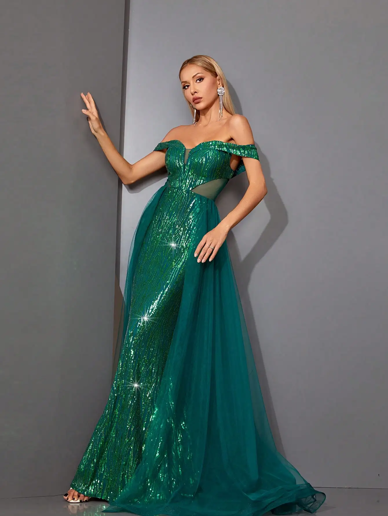 Mgiacy one-shoulder mid-waist mesh sheer sequin slimming fishtail back double-layer mesh large hem long dress