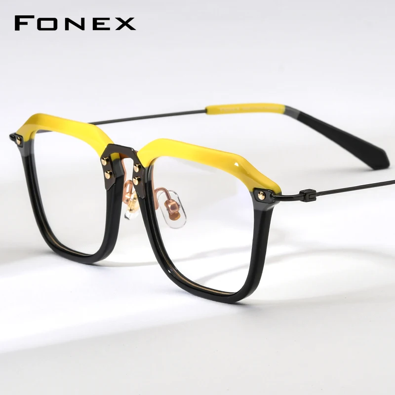 FONEX Acetate Titanium Eyeglasses Frame Women Vintage Brand Design Oversize Big Size Square Men Glasses Spectacles Eyewear 85684