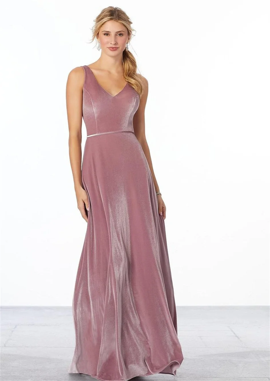 

Women's Elegant V-neck Velour Floor-length Formal Sleevesless Evening Dress Women Pink A-line Wedding Party Long Prom Gowns