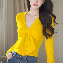 Autumn Winter Women's 2024 New Splicing Pullovers V-neck Sweater Fashion Solid Color Casual Versatile Long Sleeve Knitted Top