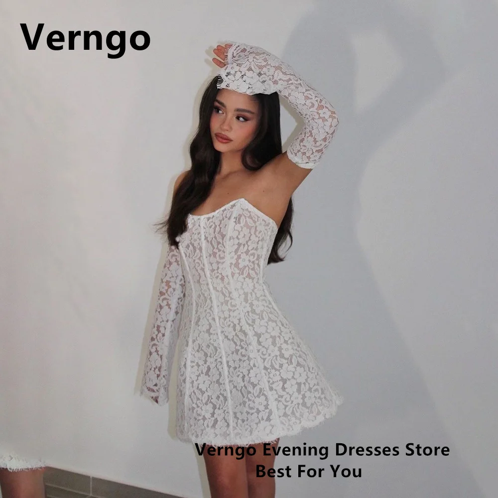 

Verngo Lace Mini Party Dress Strapless Sleeveless Prom Gowns For Women Bone Wedding Party Gowns A Line Formal Dresses