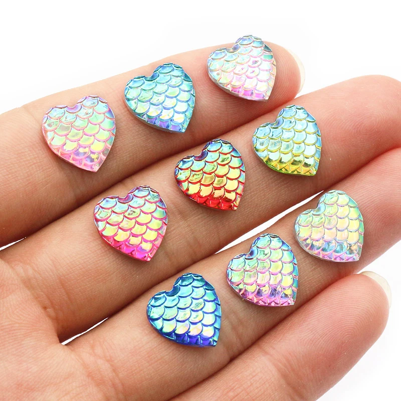 40pcs 12mm Heart Shape Mermaid Fish Scale Resin Cabochons Dome Flat Back DIY Jewelry Making Accessories for Earrings Bracelets