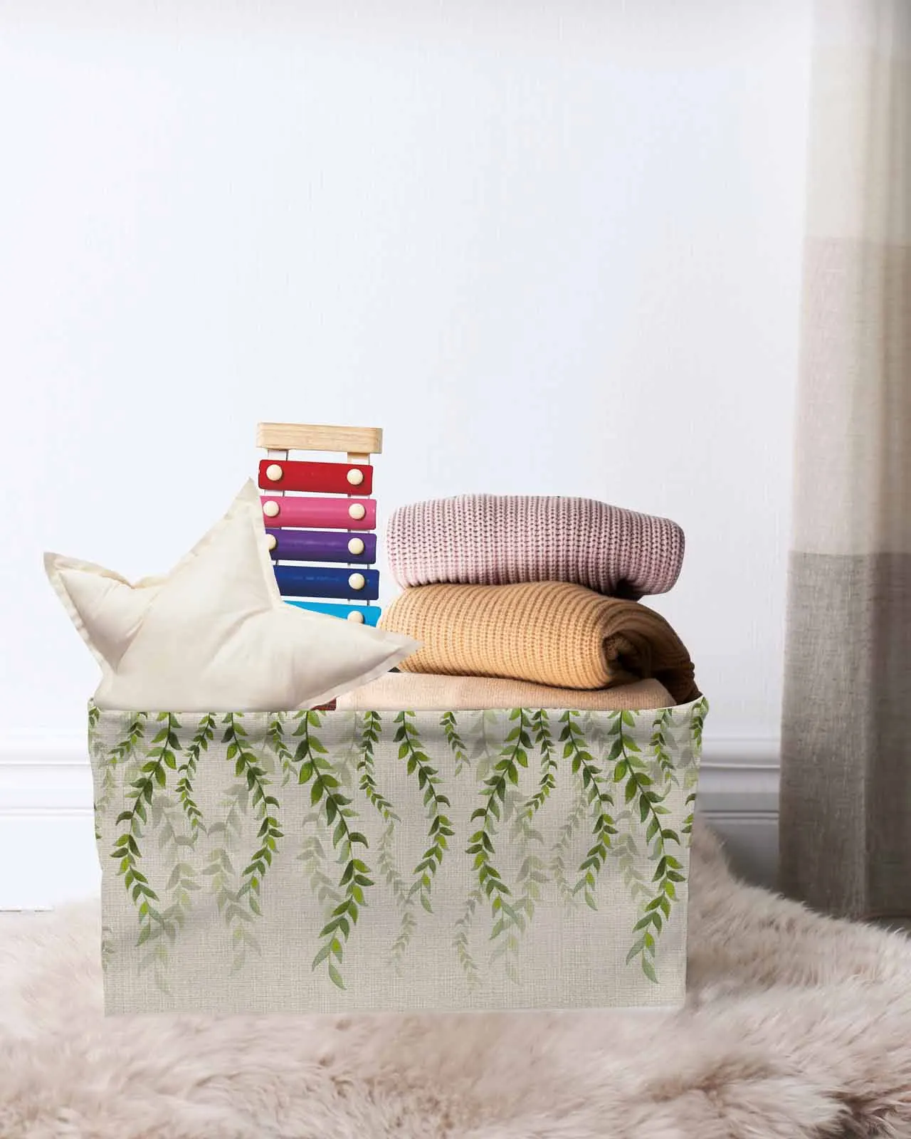 Plant , Beige Linen BackgroundBasket Clothes Folding Storage Box For Nursery Underwear Toy Organizer Laundry Basket With Handle