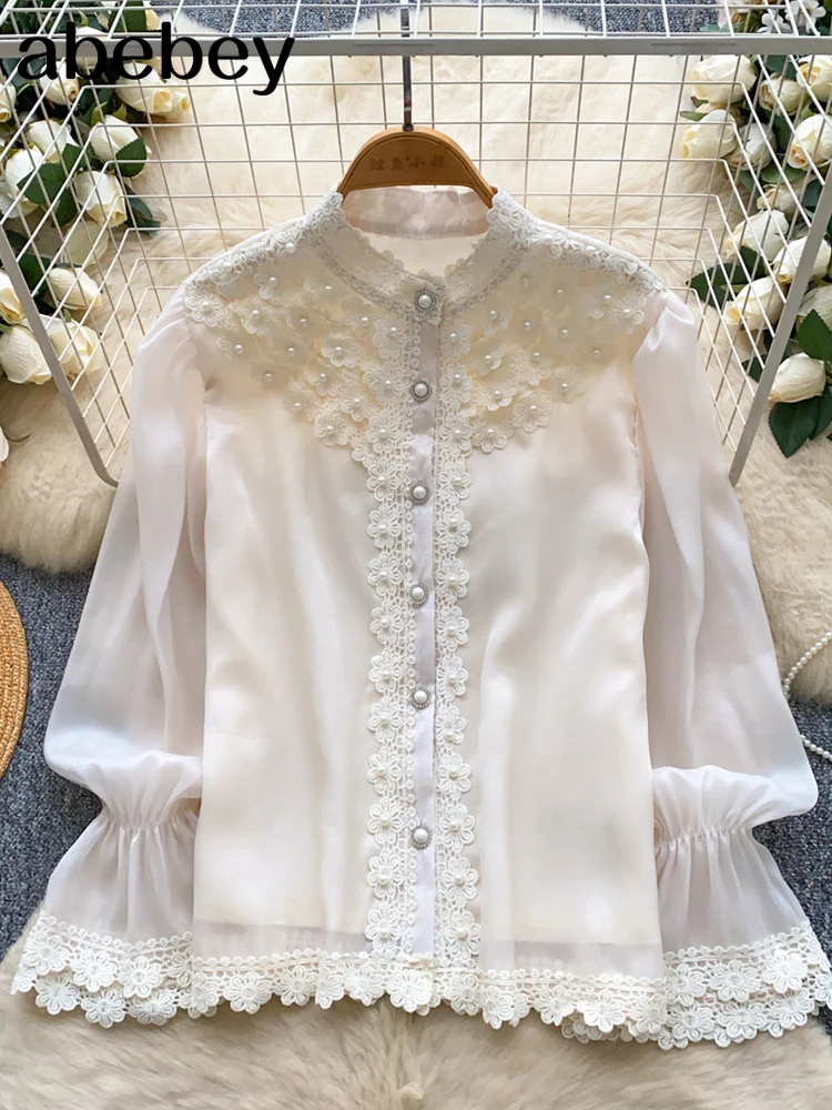 

Pearl Beading Romantic Blouse O Neck Single Breasted Puff Long Sleeves French Mesh Top Classic Floral Embroidery Shirt