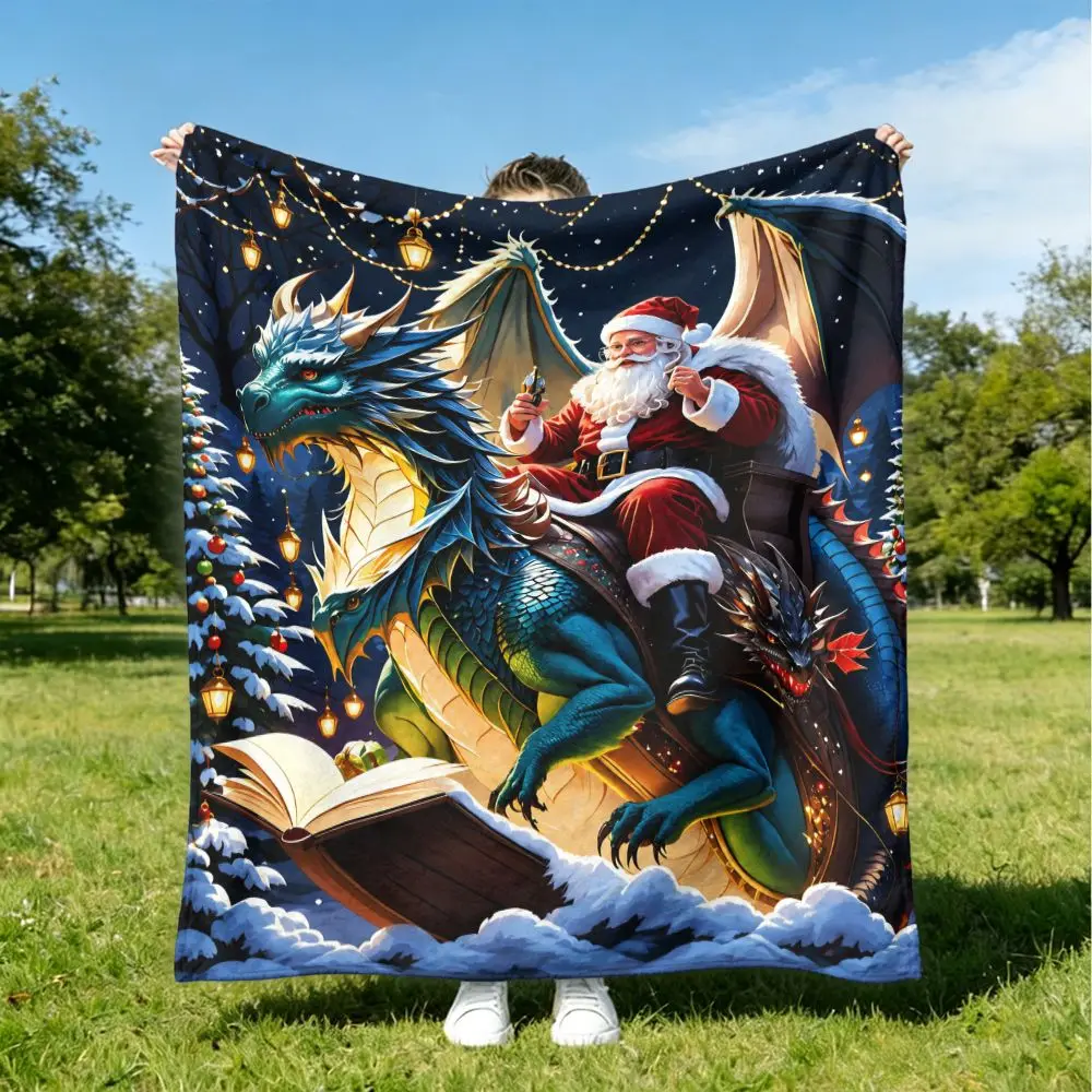 1pc Santa‑Riding‑Dragon‑Print Throw Blanket, Sofa & Bed & Travel Decor, Warm Seasonal Home Gift for Seniors