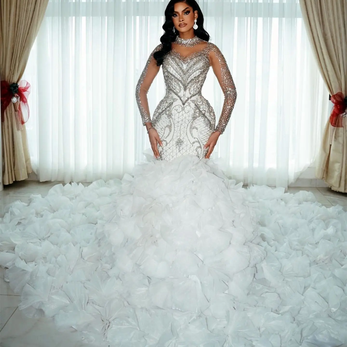 Customized Plus Size Ivory Mermaid Wedding Dresses Full Sleeves Tiers Crystals Bridal Gowns Dress Vestidos De Novia