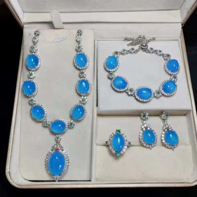 

Natural Ice Lake Blue Chalcedony Pendant Necklace Luxury Women's Earrings Ring Four-piece Set