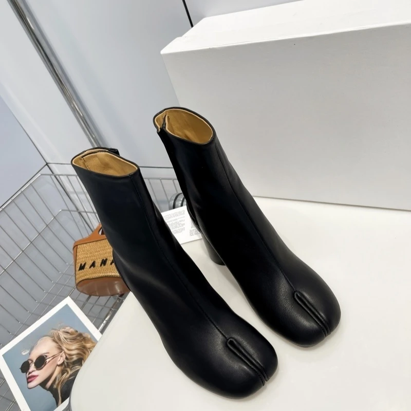 Autumn Winter new real leather boots Crop - Toe heel thick horse iron sabot pork short boots soft skin black chesier boots heels heels tops-heel boots for women