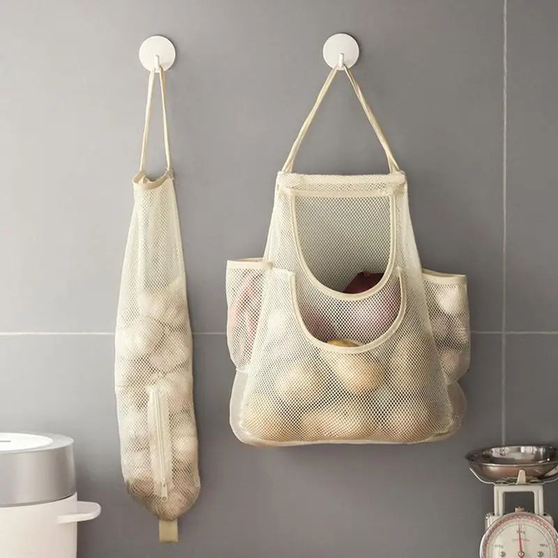 Wall Mount Mesh Onion Storage Bags Washable Reuseable Garlic Kitchen Hanging Bag Fruit Vegetable Hollow Mesh Onion Organizer