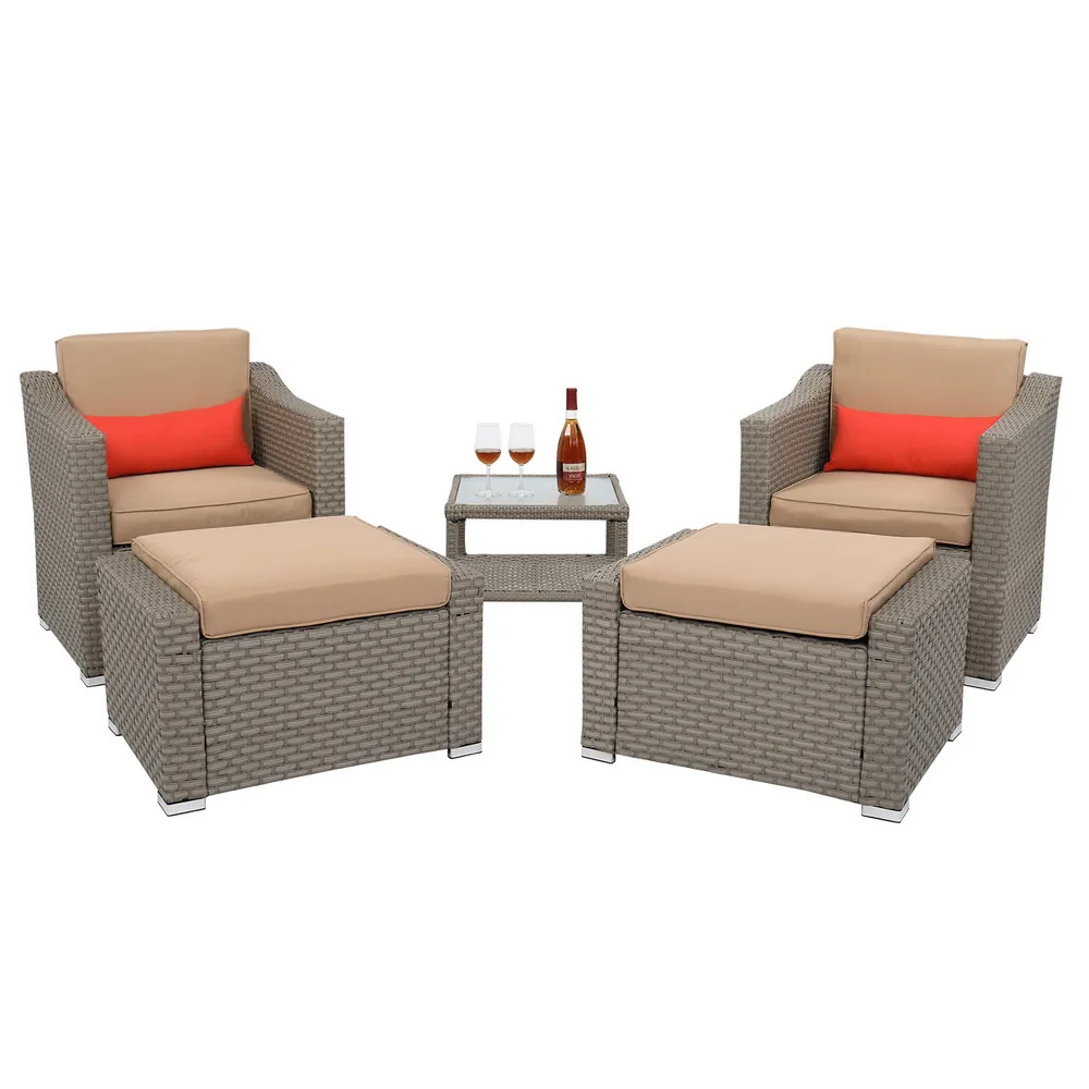 5Pcs Patio Furniture Suit Include 2 Double Contiguous Single Sofa 2 Pedals 1 Double Coffee Table Wide Rattan Gray[US-Stock]