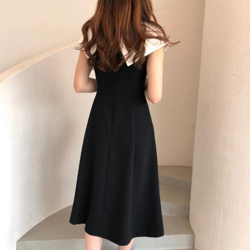 Big Collar Patchwork A A Line Dress Midi Black Vestidos Verano 2022 Elegant Office Jurk Korean Style Women Retro Robe De Soiree