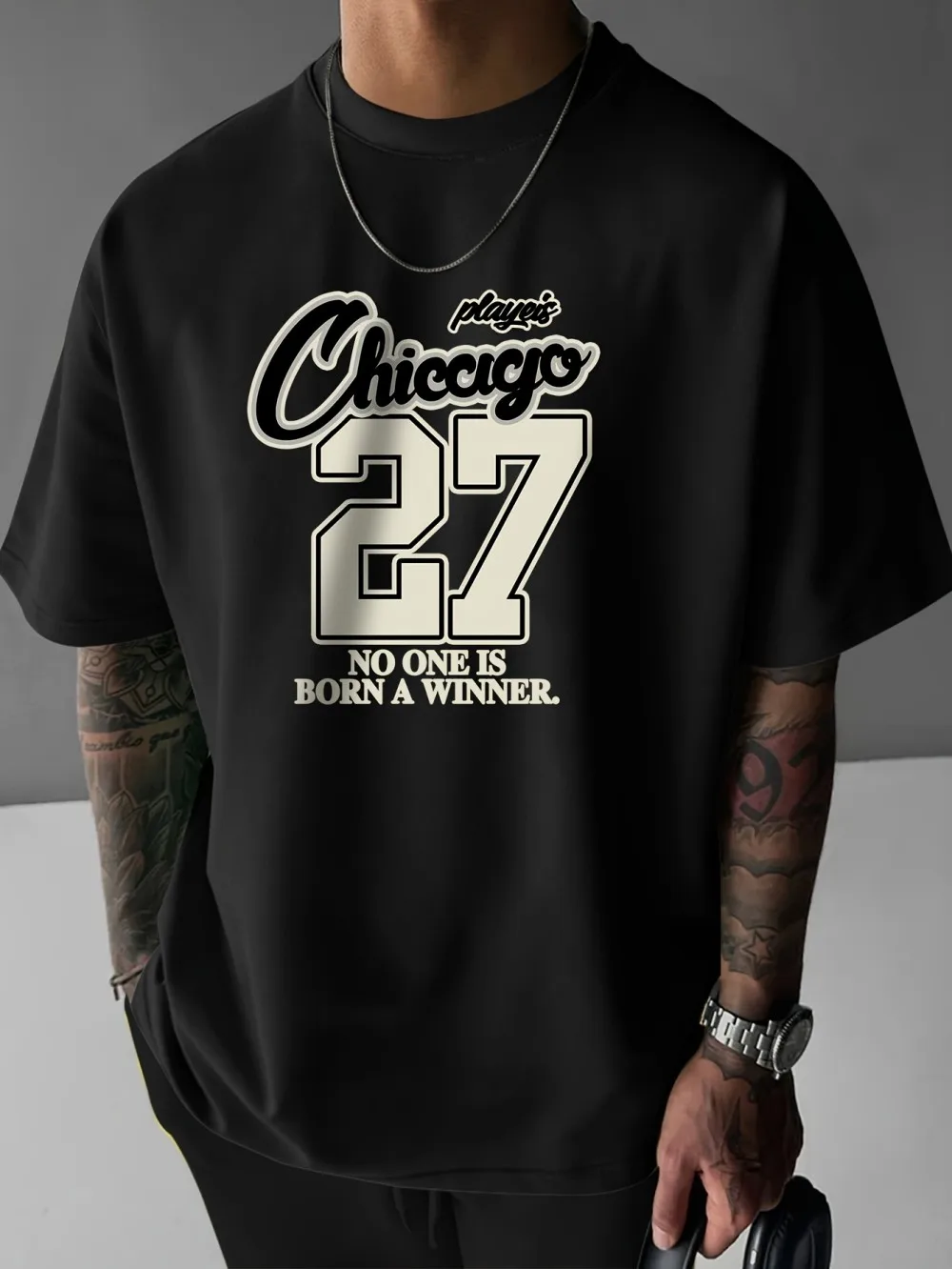American style new men's summer Chicago 27 letter print micro elastic breathable round neck T-shirt outdoor street top