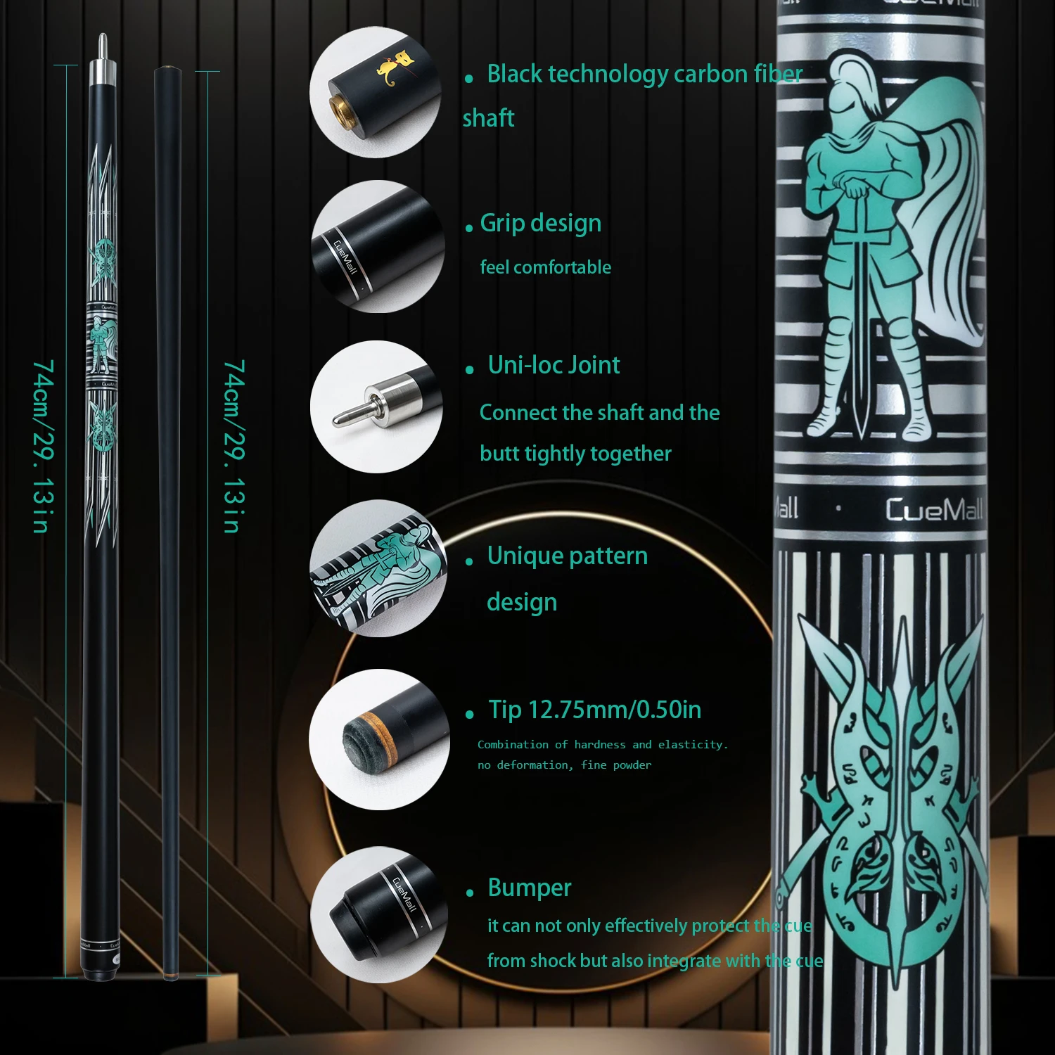 Professional American Nine Ball Pool Cue - Fiberglass Front with Maple Butt, 12.75mm Tip, Silver Water Transfer Inlays