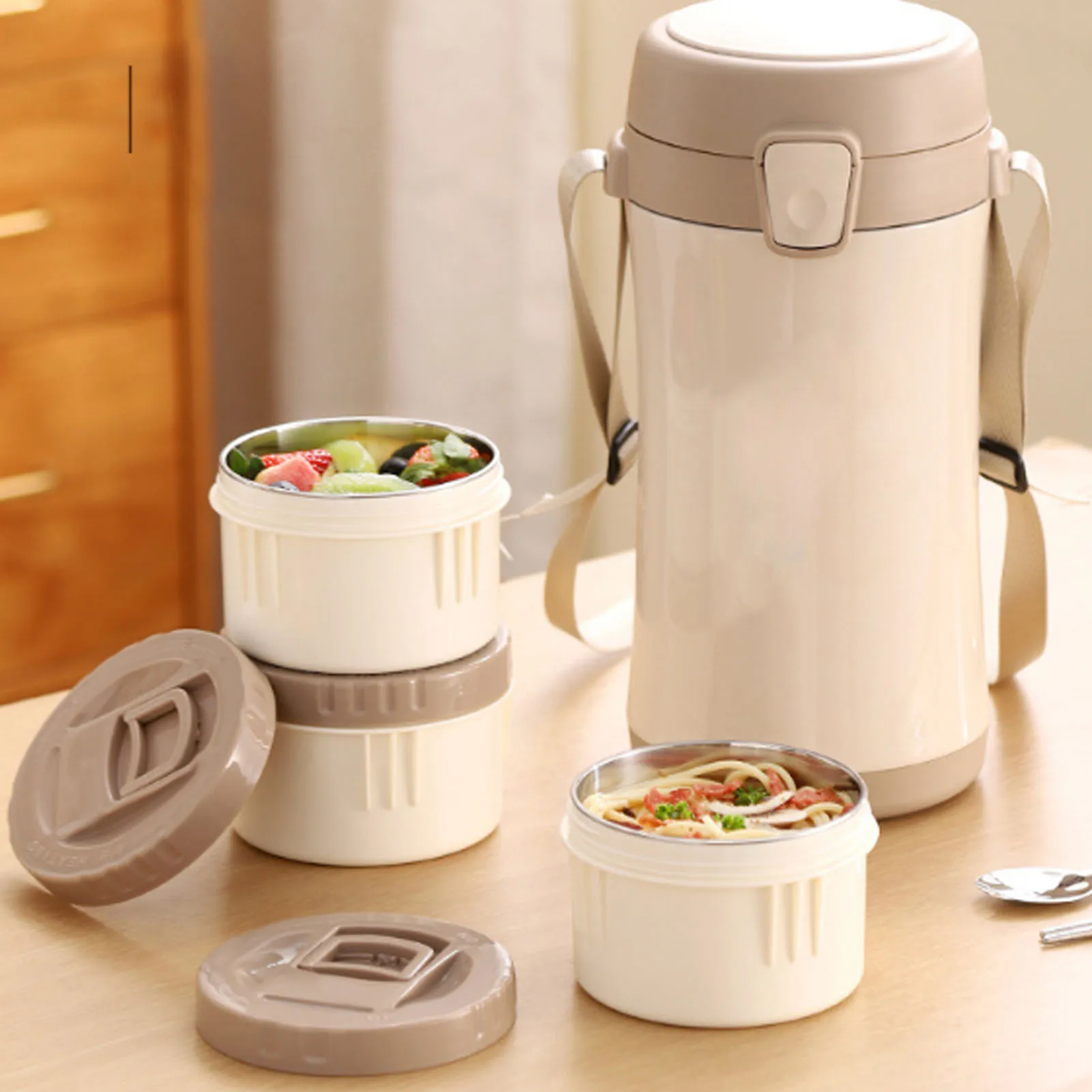 

Insulated Food Jar 3 Containers with Lids Large Capacity 316 Stainless Steel Vacuum Lunch Box Chopsticks and Spoon