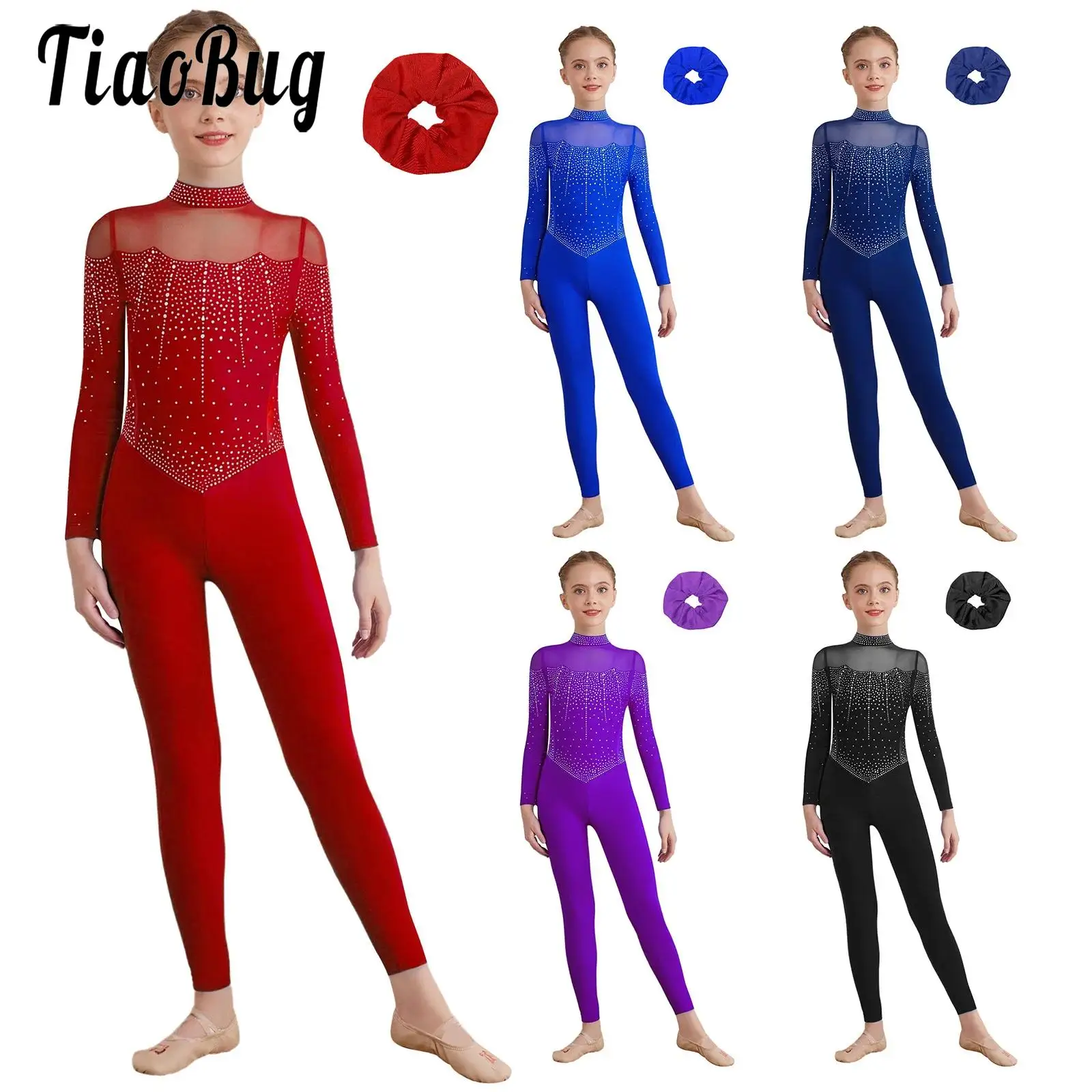 

Kids Girls Figure Skating Gymnastic Outfits Performance Artistic Dancewear Long Sleeve Rhinestones Mesh Jumpsuit And Hair Band