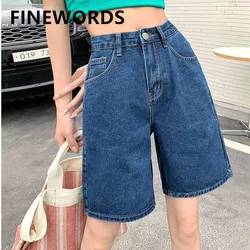 FINEWORDS Korean Classic Blue Wide Leg Shorts Women Summer Vintage Casual High Waist Shorts Jeans Loose Harajuku Denim Shorts