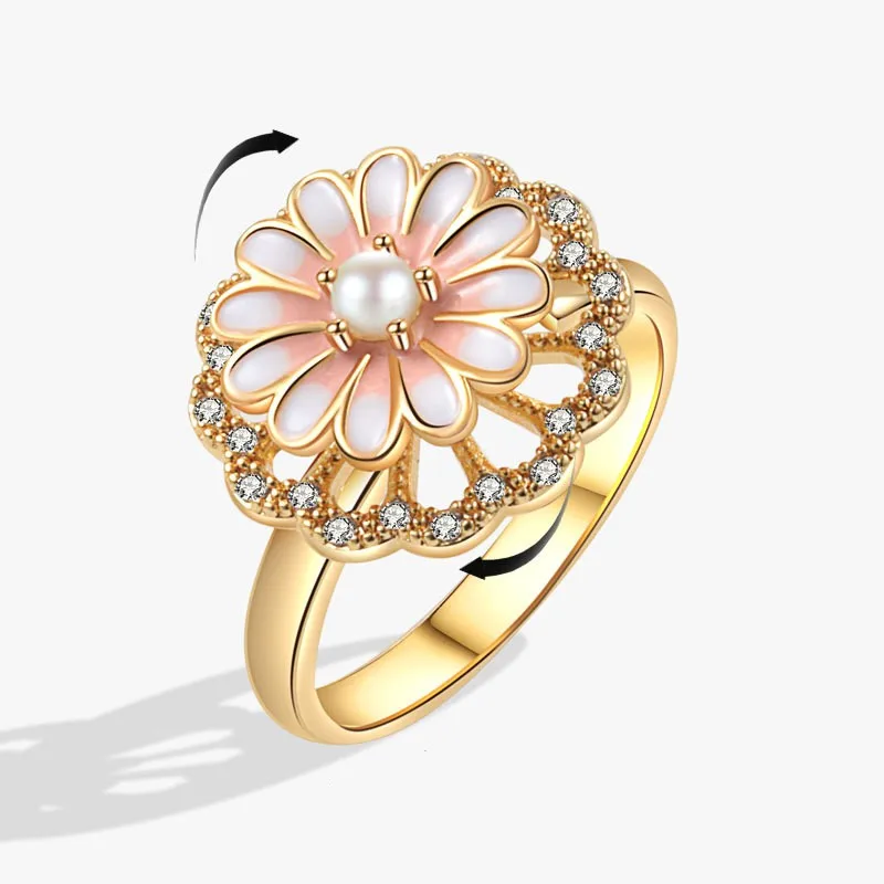 Exquisite Enamel Sunflower Adjustable Anxiety Ring For Girl Stacking Copper Crystal Pearl Anti Stress Rotating Rings Anillos