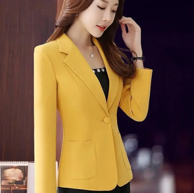 Chaqueta de manga larga con cuello de traje para mujer, chaqueta ajustada con un botón, color amarillo, blanco y negro, a la moda, primavera y otoño, 3xl, 4xl