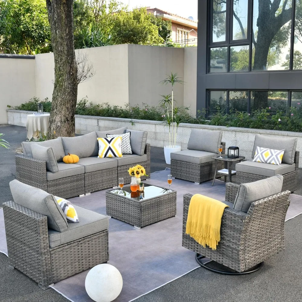 

9Piece Coversation Set with Swivel Rocking Chair,Sectional Patio Furniture Set with All-Weather Wicker Sofa,Modern Outside Couch