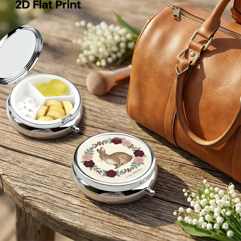 Vintage Floral Rabbit Metal Pill Box 3-Compartment Portable Pill Box Travel Medicine Organizer Mini Pill Box Small Vitamin Box Storage Box Plant Rose Pattern Medicine Dispenser Unique Creative Gift for Women
