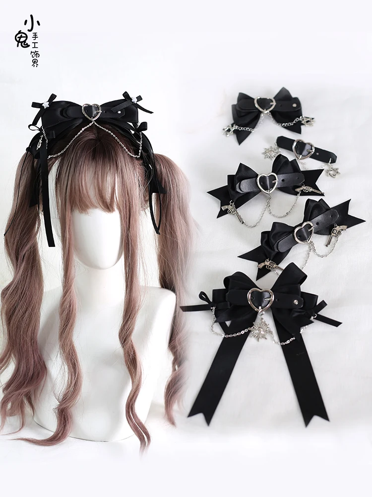 Original Handmade Lolita Dark Doll Double Hair Accessory for Ponytail Gothic Chain Love Hairpin a Pair of Hairclips Headband