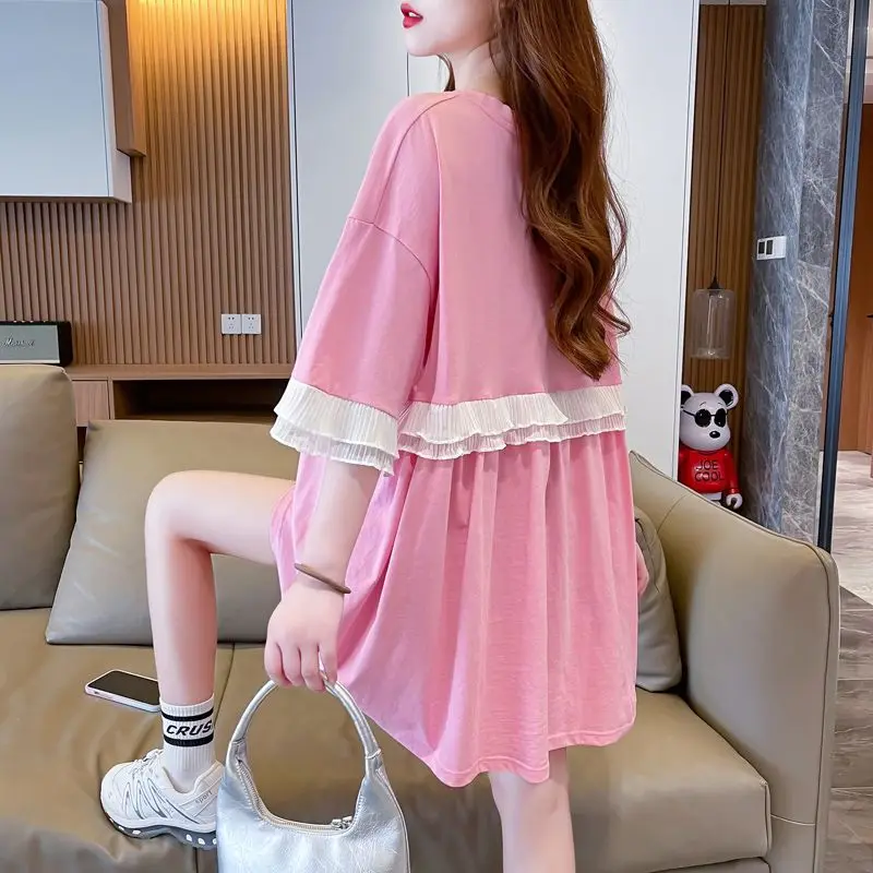 Loose Women's Short Sleeve T-Shirt Korean Style Heavy Design Pink Anti-Aging Commuter Style 300 Pounds Extra Large Size Top