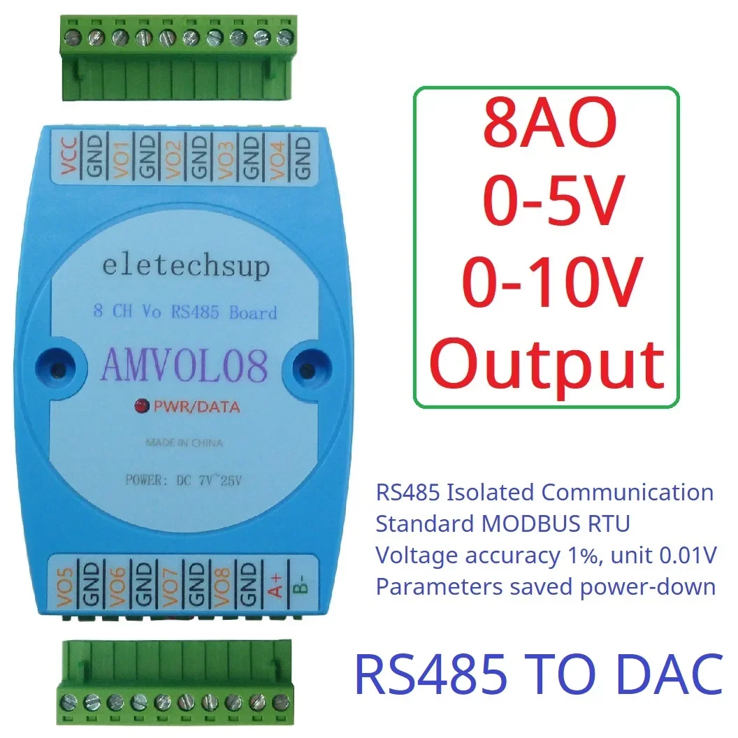 8 Channel Analog Output 0-10V 0-5V AO Module RS485 Modbus RTU To Voltage PLC Remote IO Expansion Board